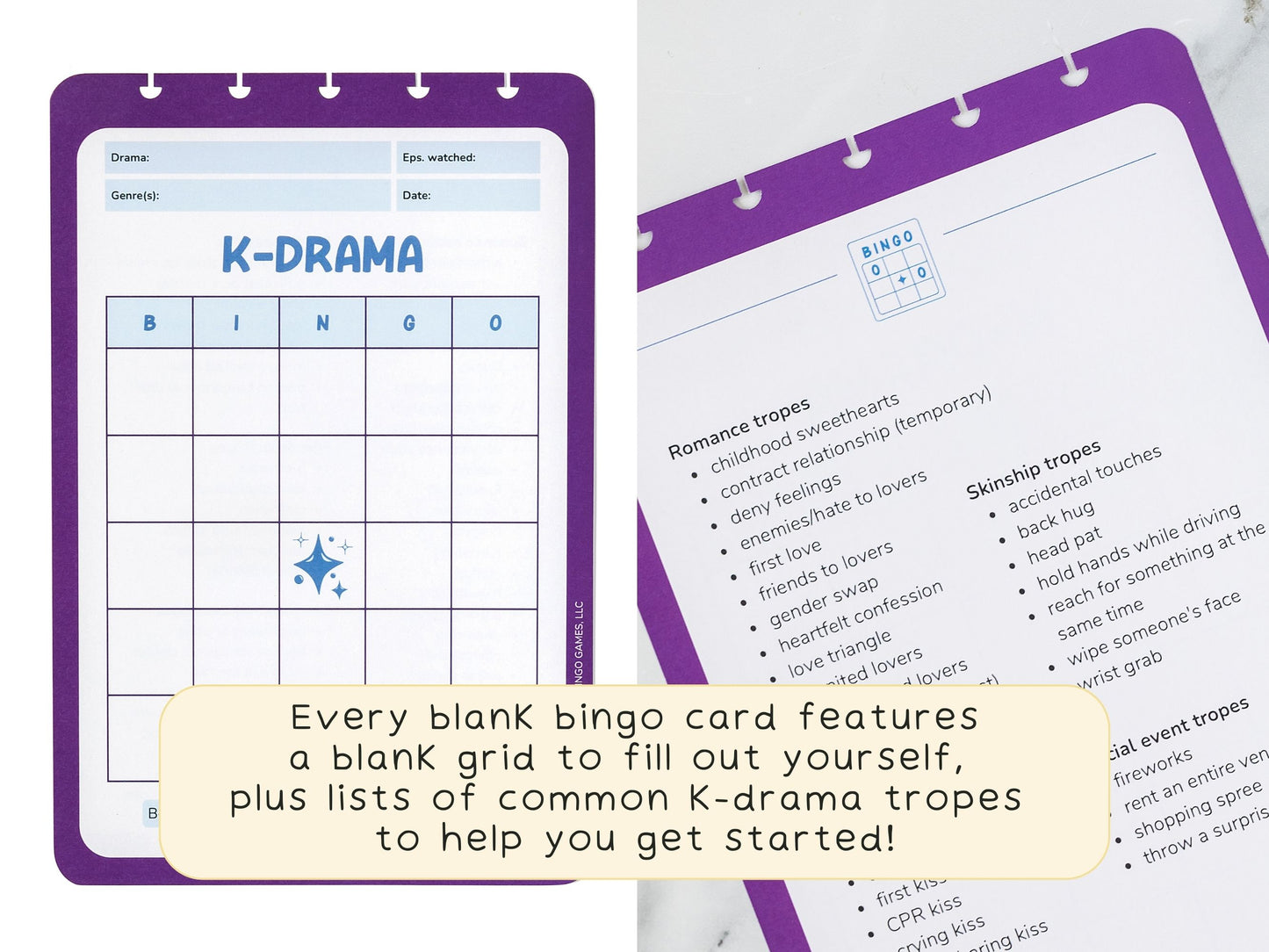 Two pages of K-Drama Bingo Discbound Journal showing one blank purple bingo card and one list of K-drama tropes.