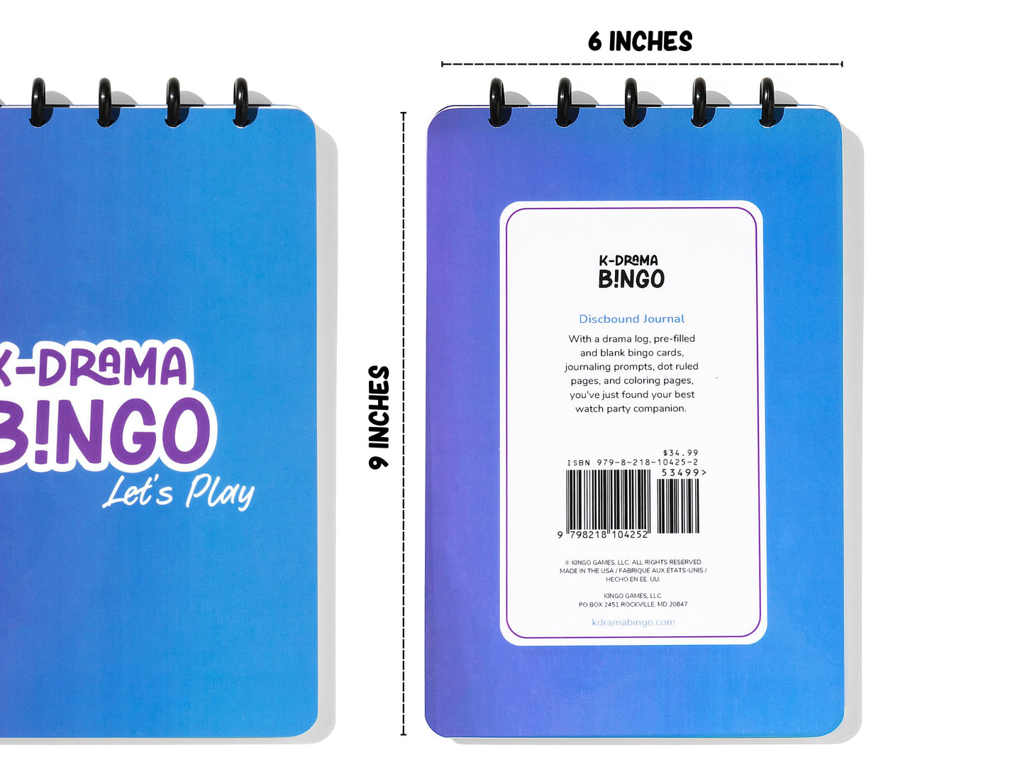 K-Drama Bingo Discbound Journal front and back shown as 6 inches wides and 9 inches high.